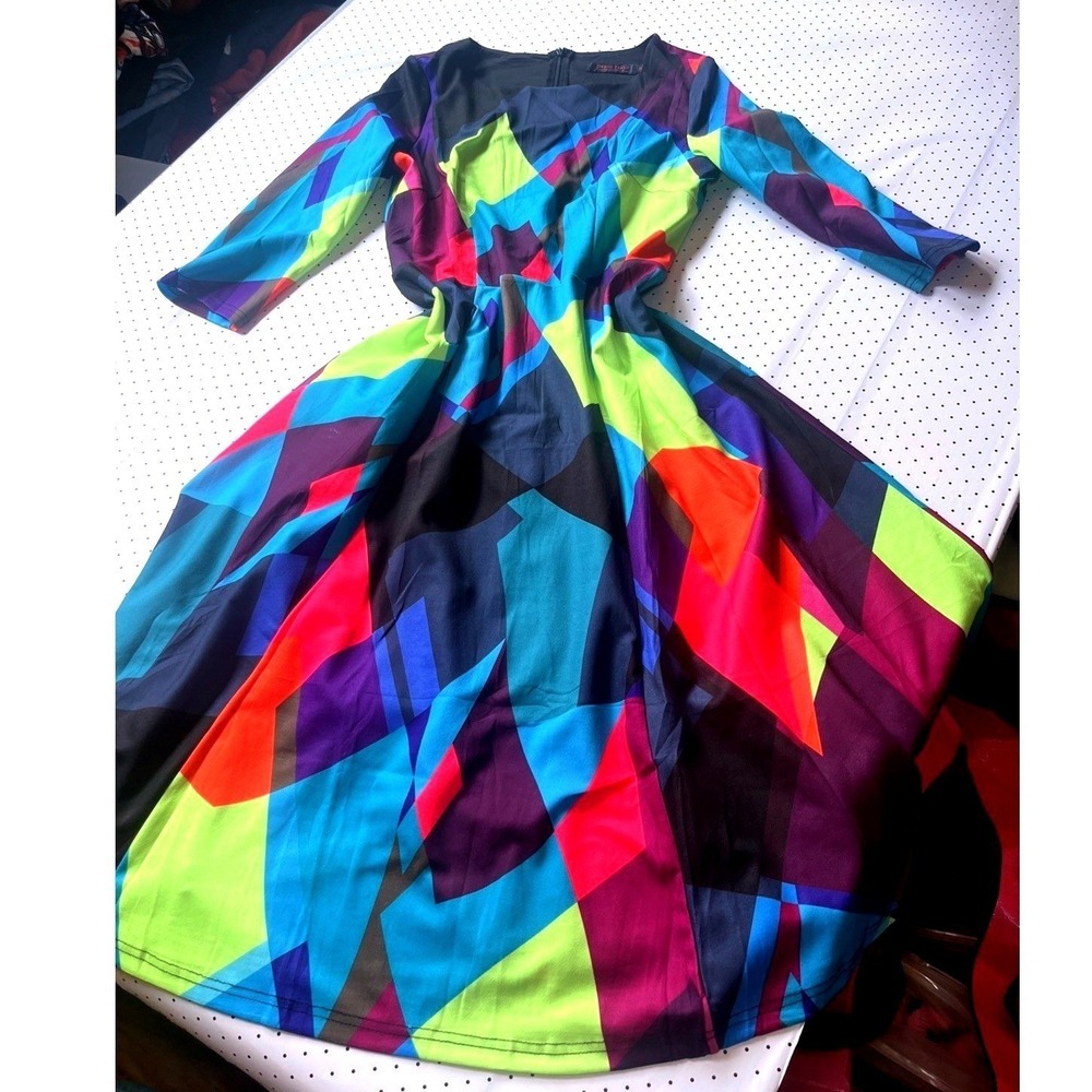Colorblock Geometric Fit Flare Midi Dress Tie Waist Neon Abstract Retro M - Picture 2 of 11